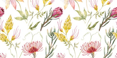 Watercolor floral pattern with protea, passionflower and other botanicals.