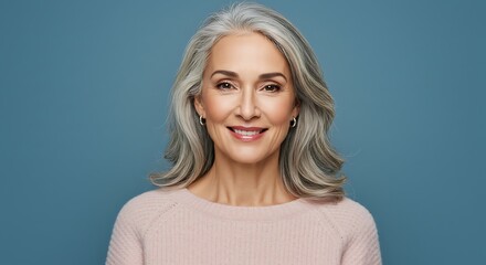 Portrait of a Smiling Woman with Gray Hair in a Pink Sweater