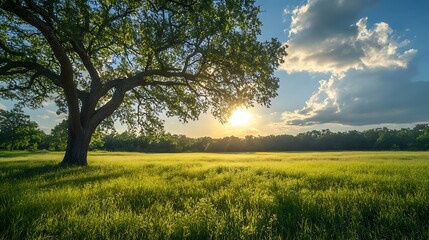 Solitary Tree in Sunlit Meadow, A solitary tree stands in a sunlit meadow under a blue sky with fluffy clouds