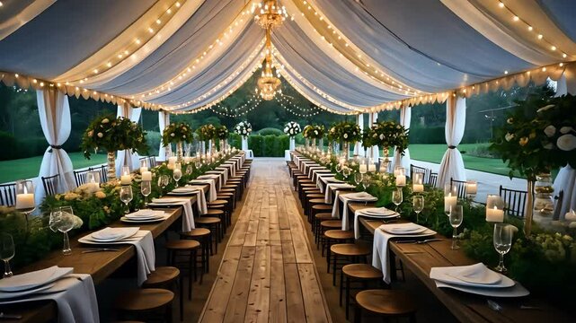 Elegant outdoor wedding reception under a decorated tent, featuring long tables with candles, flowers, and soft lighting creating a romantic atmosphere.

