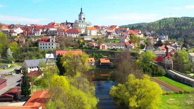 Aerial view to historic center of Stribro town. Medieval city from 12th century. It has about 8,100 inhabitants. Amazing tourist destination near Slavkovsky les. Czech Republic, Central Europe.