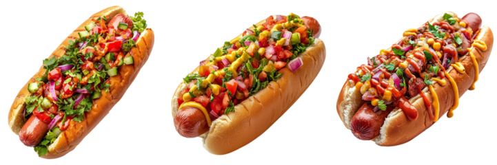 Set of various tasty hot dogs with different stuffing isolated on transparent background PNG