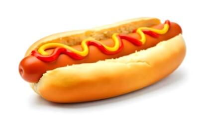 Hot dog with ketchup and mustard isolated on white background.