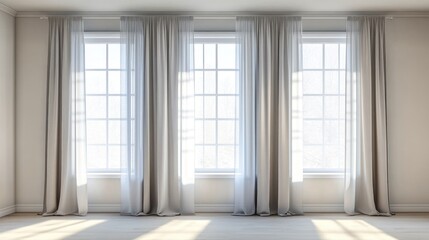 Simple, bright room with light beige curtains and large windows