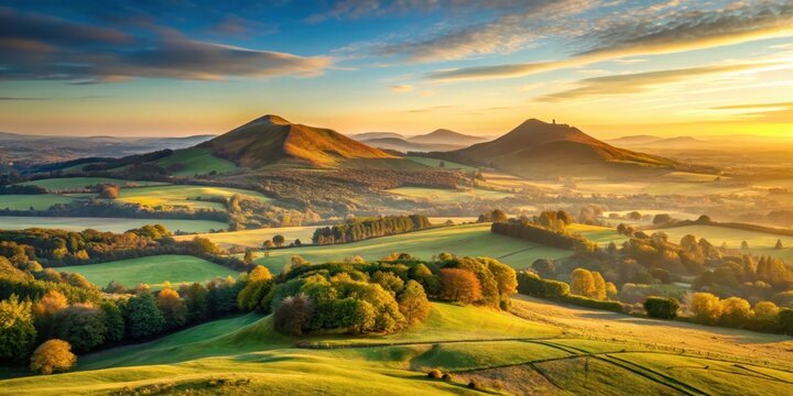 A serene landscape with a golden glow over Eildon Hills at sunrise , nature, hills,  nature