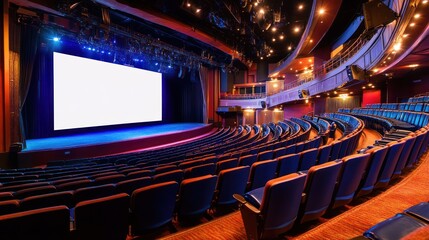 Empty theater with large blank screen on stage.
