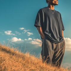 Fashion mockup of male model in navy t-shirt standing in tall grass under blue sky, Generative AI