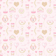 Valentine's Day. Heart, balloon, coffee, bow, key, cookie, envelope. Watercolor seamless pattern in pastel colors. Cute children's illustration for wrapping paper and textiles