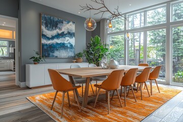 Fototapeta premium Large dining room table with chairs, abstract painting on the wall, gray walls, warm lighting, hanging branch chandelier, white cabinet, and light orange rug.