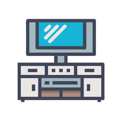 Television set on a stand with drawers and shelves