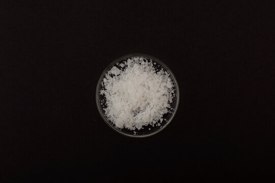 Magnesium nitrate powder in Petri dish. Nitromagnesite, hexahydrate. Saltpeter is used for fertilizing garden crops. Fertilizer is an additional source of magnesium and nitrogen for various crops