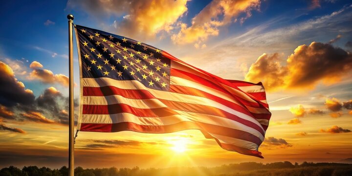 Warm golden light from a radiant sun shines down on an American flag waving gently in a breeze, america
