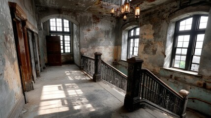 Fototapeta premium Beautifully Decaying Abandoned Interior with Vintage Staircase and Windows Reflecting Natural Light in a Historic Building Setting