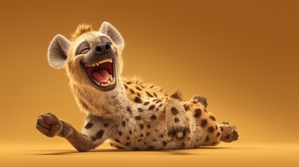 A cartoon hyena is having a great time, laughing uncontrollably as it rolls on the ground. The bright desert backdrop adds to the playful atmosphere during the day