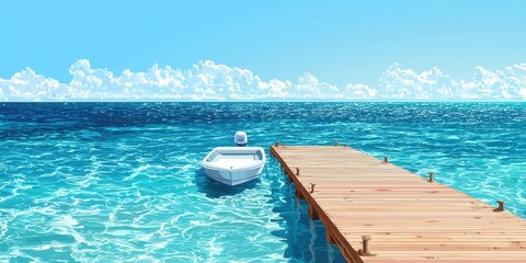 A serene scene featuring a small boat anchored beside a wooden pier, surrounded by clear blue waters and a bright sky.