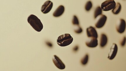 Coffee beans in mid-air, a beautiful display of roasted coffee beans suspended in motion