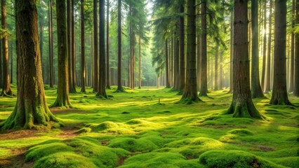 Obraz premium A peaceful forest glade, with tall trees standing sentinel and a soft carpet of moss covering the ground, meeting the horizon at a gentle curve , fond madras horizon, calm scene