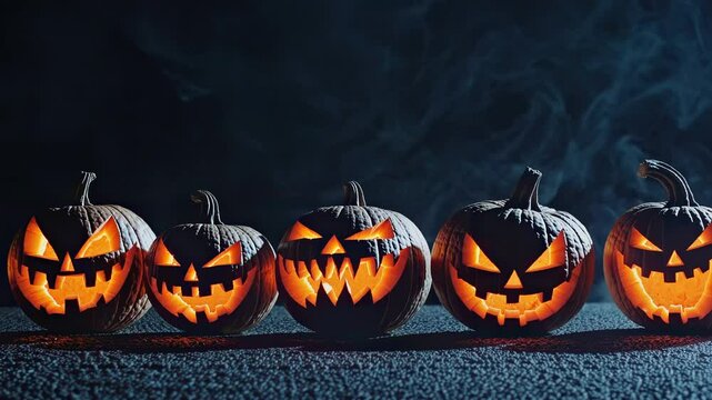 Row of carved halloween pumpkins with glowing scary faces jack o lanterns lined up on dark surface with smoke eerie spooky autumn holiday decoration festival party fear