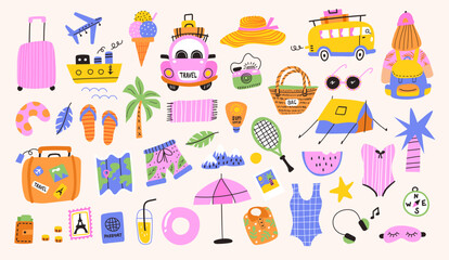 Set of summer travel beach objects in cartoon style. Summer holidays design elements - accessories, tropical plants, beach items, travel and sports objects. Vector