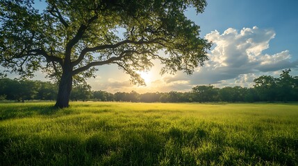 Obraz premium Solitary Tree in Sunlit Meadow, A solitary tree stands in a sunlit meadow under a blue sky with fluffy clouds