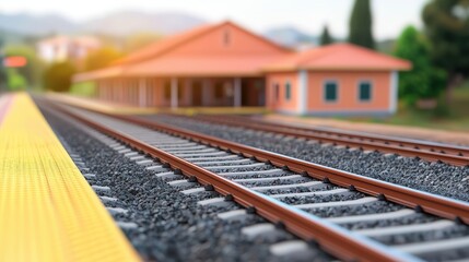 Fototapeta premium A close-up view of railway tracks leading to a station, surrounded by greenery and a building in the background, capturing a serene transportation scene.