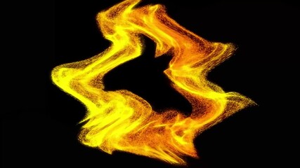 Wavy blob of yellow particles on black background, abstract.