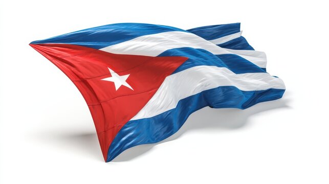 The vibrant Cuba flag flutters on a white background, showcasing its red triangle, white stripes, and blue bands, symbolizing the country's rich history and culture
