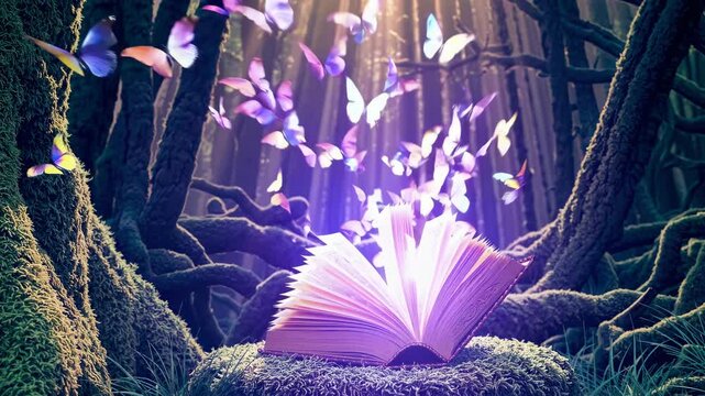 Open magic book glowing in green forest with flying butterflies fairy tale fantasy concept nature wisdom enchanting knowledge inspiration metaphor