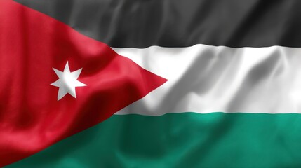 The Jordan flag exhibits a striking design with bold colors, featuring a unique star and triangles. The clear white backdrop enhances the flag's symbolism and significance