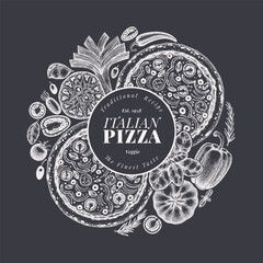 Hand Drawn Vector Pizza Illustration. Retro Vegetarian Pizza Chalk Board Design Template. Old School Italian Food