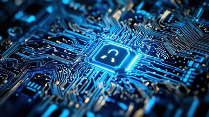 Close-up of circuit board with glowing headset icon.