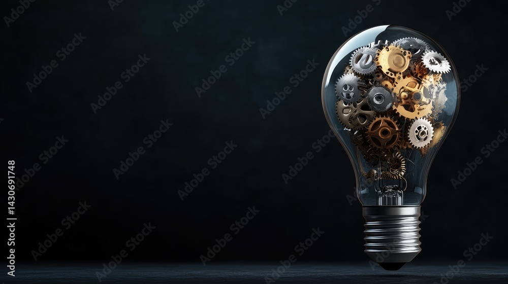 Aufkleber a lightbulb filled with complex gears and cogs on a dark background