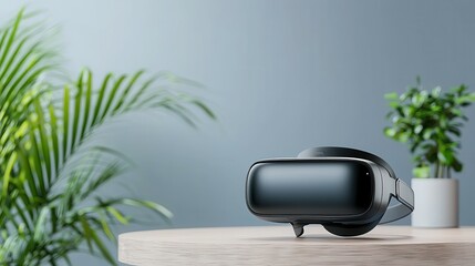 A sleek virtual reality headset on a light wooden table with lush greenery in the background.
