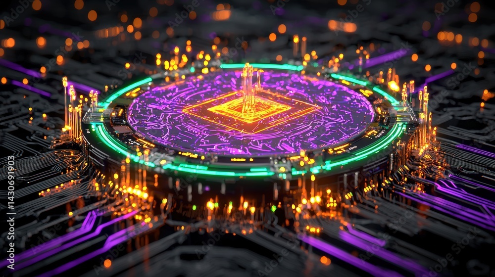 Poster close-up of a computer chip highlighting intricate circuits and technology in a high-tech environmen