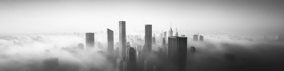 Fototapeta premium Misty Skyline Captured in Black and White With Minimal Shapes and Soft Contrasts Emerging From the Fog at Dawn Generative AI