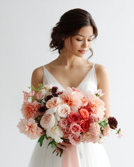 braut, hochzeit, frau, blumenstrauss, schönheit, bekleidung, blume, blume, rosales, haar, gestalten, liebe, gesicht, ehe, fröhlichkeit, person, braut, schleier, atelier, verheiratet, lächeln, leitbild