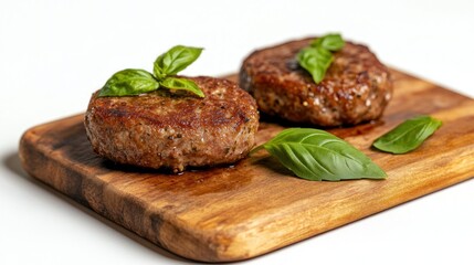 Two cooked beef patties on a wooden board with fresh basil