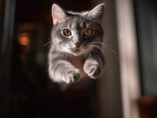 Gray tabby cat jumping towards the camera with intense focus, captured midair in dramatic lighting
cat, jump, leaping, gray, tabby, midair, flying, focused, dynamic, feline, action, movement, athletic