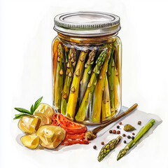 Watercolor Jar of Canned Asparagus with Spices
