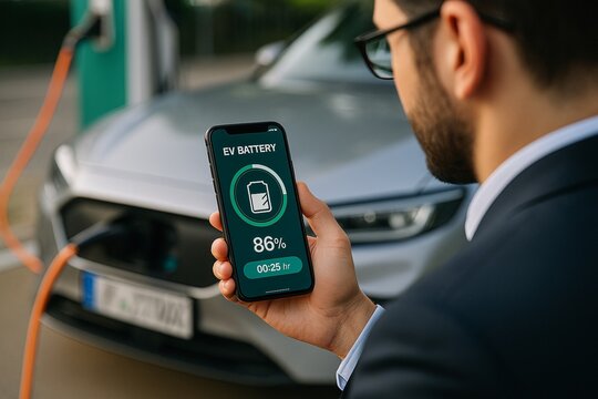 Closeup progressive businessman look at EV car's battery status application on smart phone screen at public parking charging station with power cable plug and renewable energy-powered electric vehicle