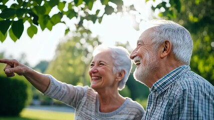 Elderly couple shares a laugh while birdwatching in a sunny park. - Powered by Adobe