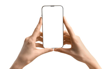 Female hands with modern mobile phone isolated on white background, closeup