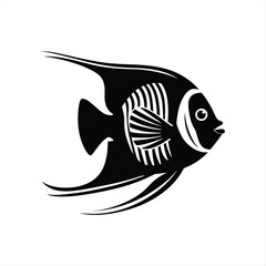 Black Silhouette Vector of Tropical Angelfish with Long Fins and Striped Details on White Background
