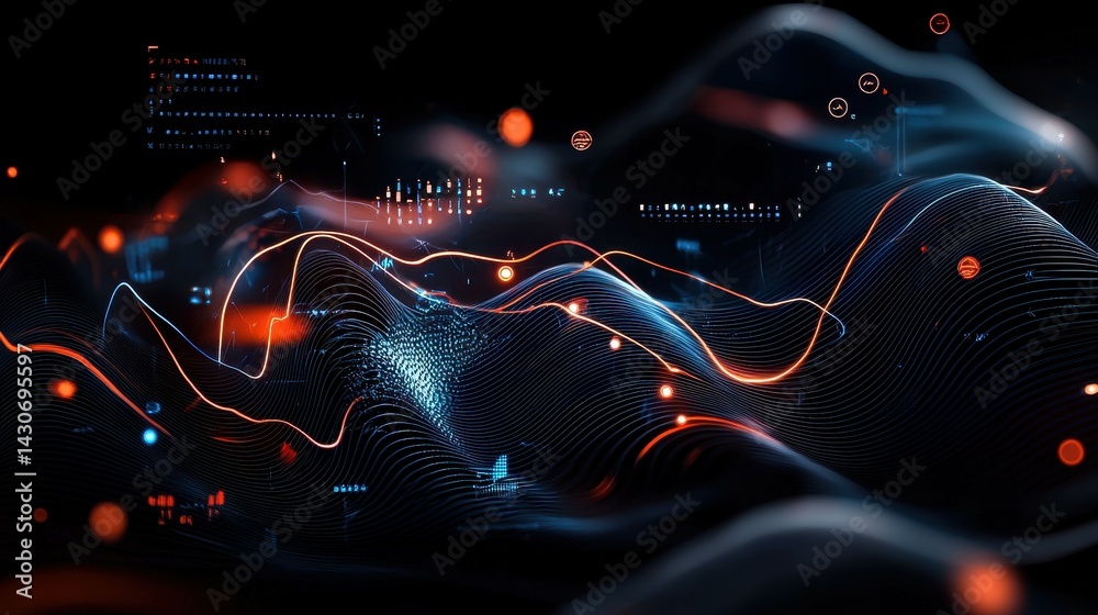 Poster abstract digital waves in vibrant colors creating a dynamic visual flow.