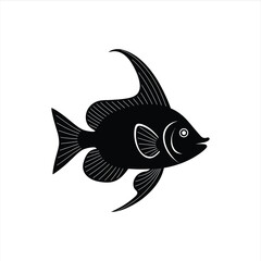Black Silhouette Vector of Tropical Angelfish with Long Fins and Striped Details on White Background
