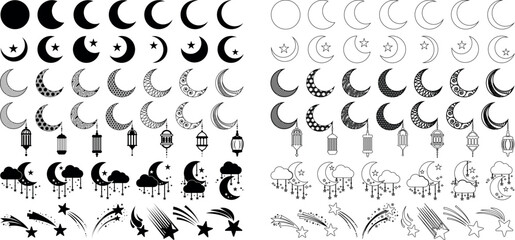 Black Outline Crescent Vector Bundle. A set of Islamic Arabic moon crescent arts and illustrations for web and print related religious cultural uses.