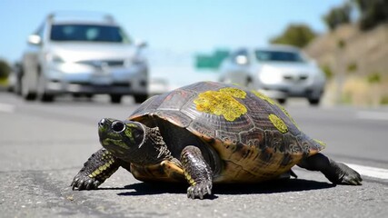 Turtle crossing the road while cars pass by during sunny day