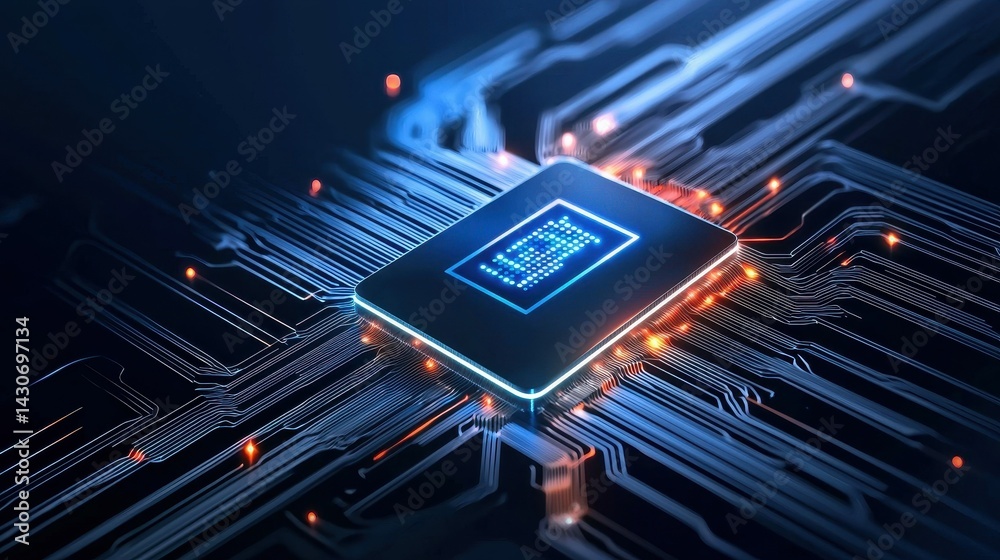 Poster close-up of a futuristic microchip with glowing circuits and digital patterns.
