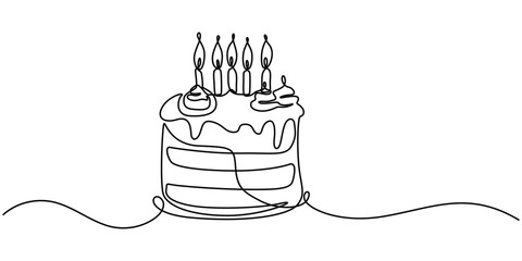 Continuous one line drawing shortcake decorated with cream. Dessert concept. Single line draw design vector graphic illustration, Continuous one line drawing of birthday cake with candles.