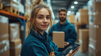 Fototapeta premium Two warehouse workers, woman in focus, using tablet, inside large storage facility.